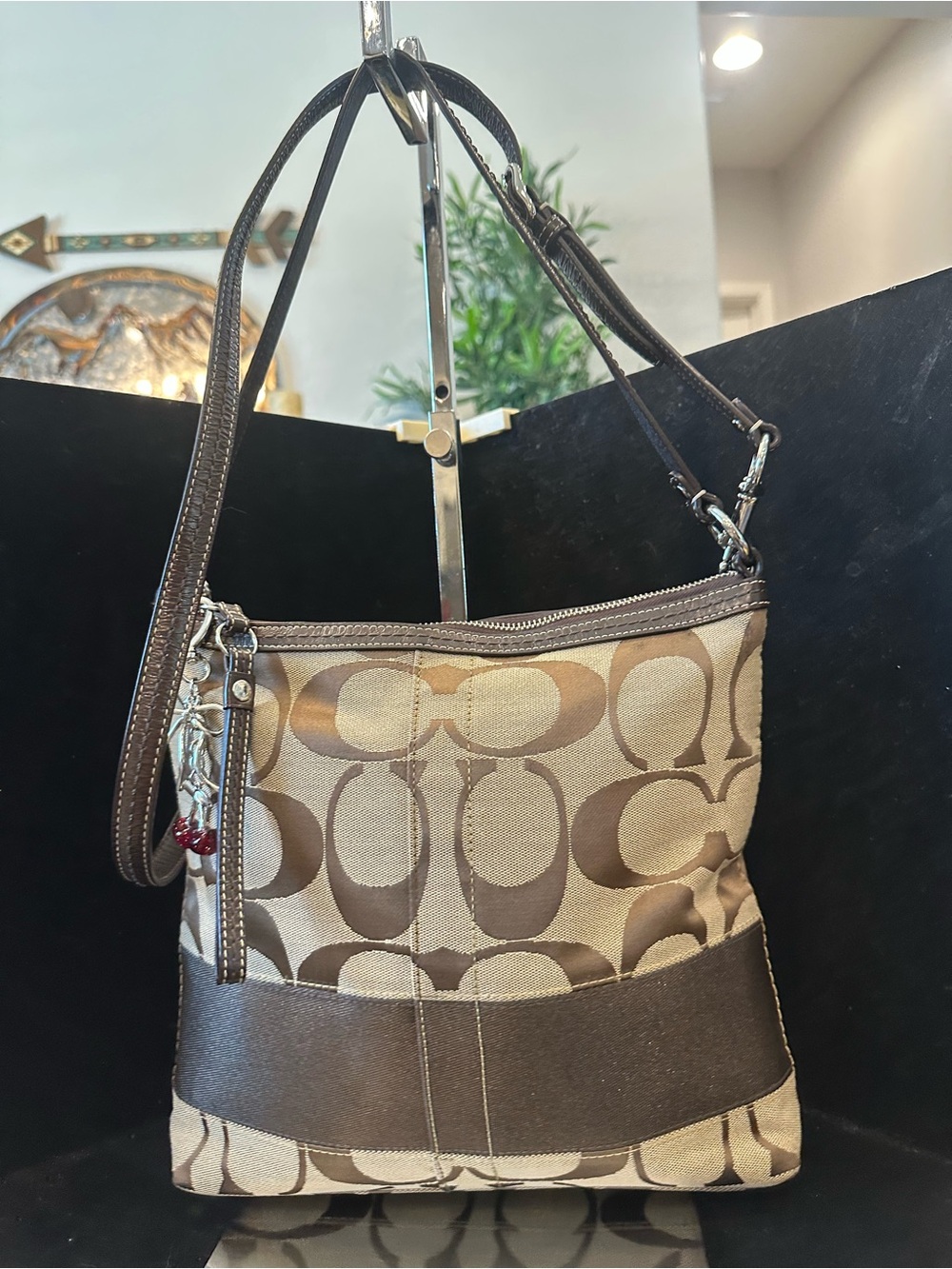 Coach #340 Stripe Brown Signature Canvas and Leather Crossbody